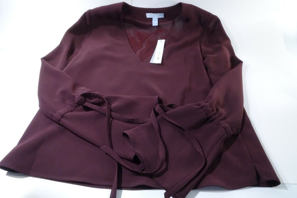 Bloomingdale's Dylan Grey Tie-Detail Flare-Cuff Top Burgundy S NWT 128.00